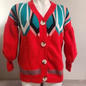 Geometric Cardigan Sweater Size XS/S Red Teal Puff Sleeve Aztec Southwestern Art